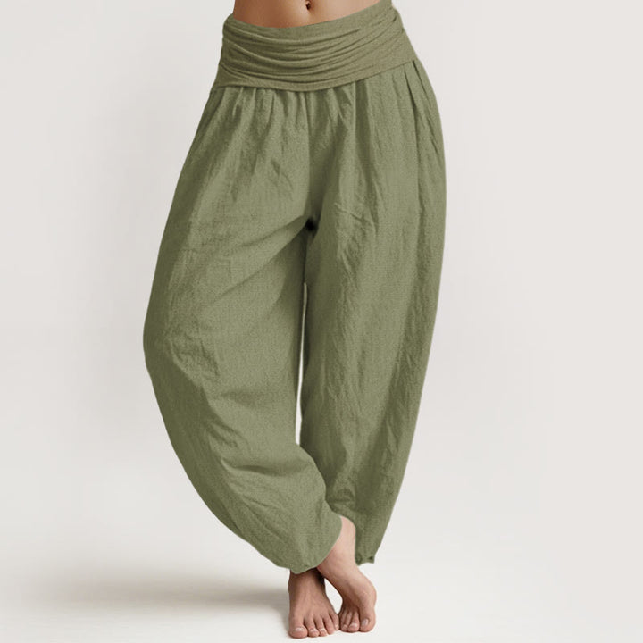 Buddha Stones Solid Olivedrab Women's Elastic Waist Harem Pure Cotton Pants - OliveDrab - US16，UK/AU20，EU48 (3XL) - image 0