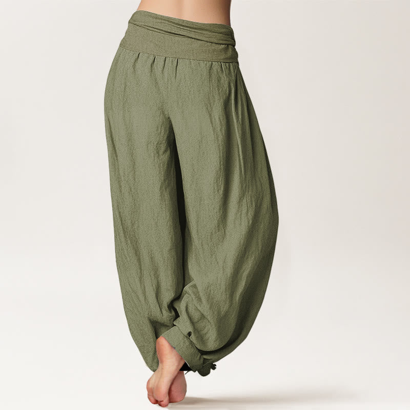 Buddha Stones Solid Olivedrab Women's Elastic Waist Harem Pure Cotton Pants - image 1