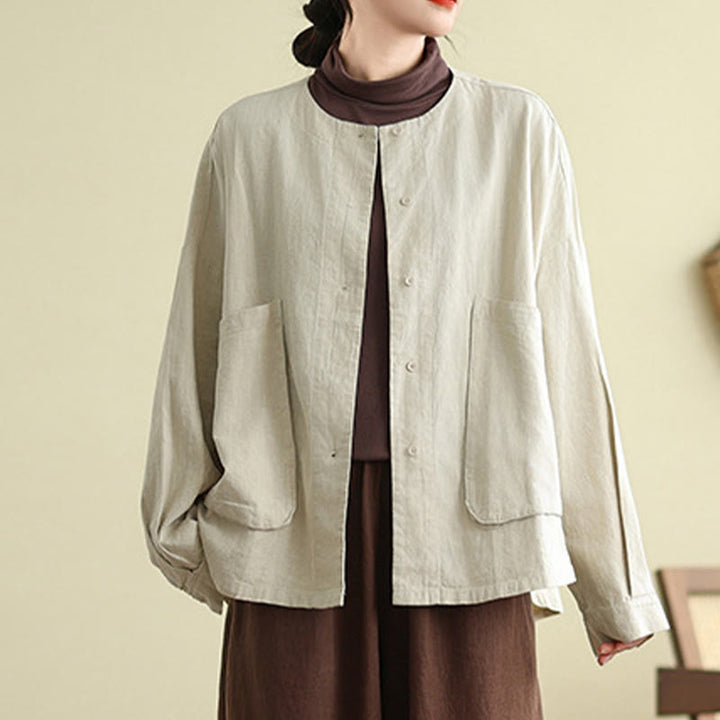 Buddha Stones Women's Long Sleeve Crew Neck Cotton Jacket With Pockets - image 3