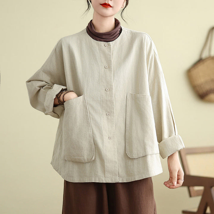 Buddha Stones Women's Long Sleeve Crew Neck Cotton Jacket With Pockets - image 1