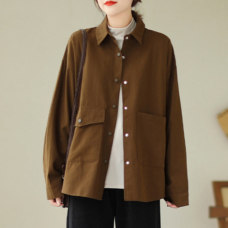 Buddha Stones Women's Long Sleeve Button Cotton Jacket With Pockets - SaddleBrown - US14，UK/AU18，EU46 (2XL) - image 0