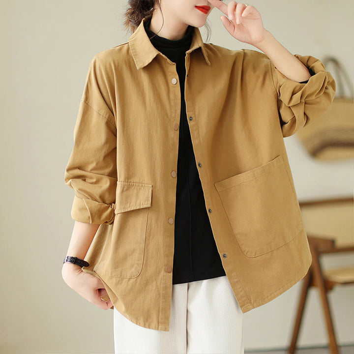 Buddha Stones Women's Long Sleeve Button Cotton Jacket With Pockets - SandyBrown - US14，UK/AU18，EU46 (2XL) - image 5