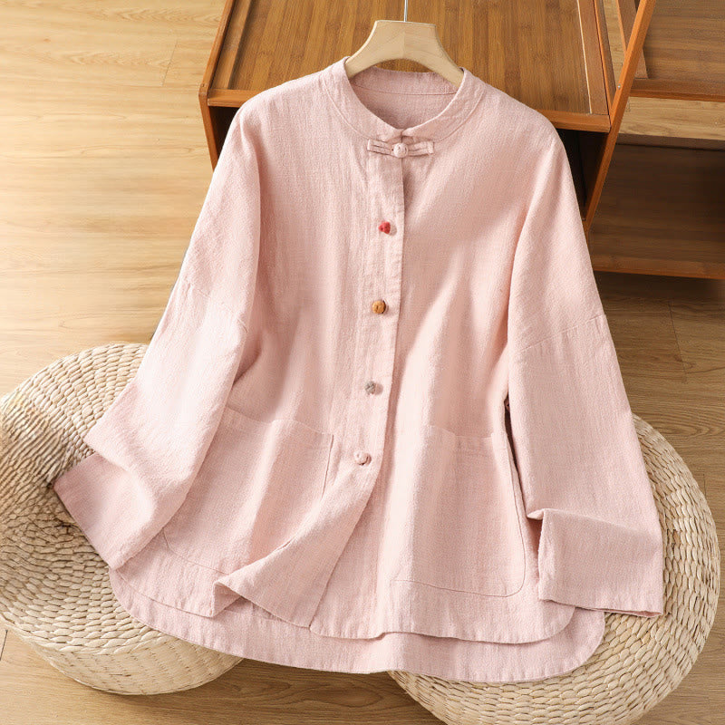 Buddha Stones Casual Frog-button Women's Long Sleeve Cotton Polyester Shirt With Pockets - Pink - US14，UK/AU18，EU46 (2XL) - image 8
