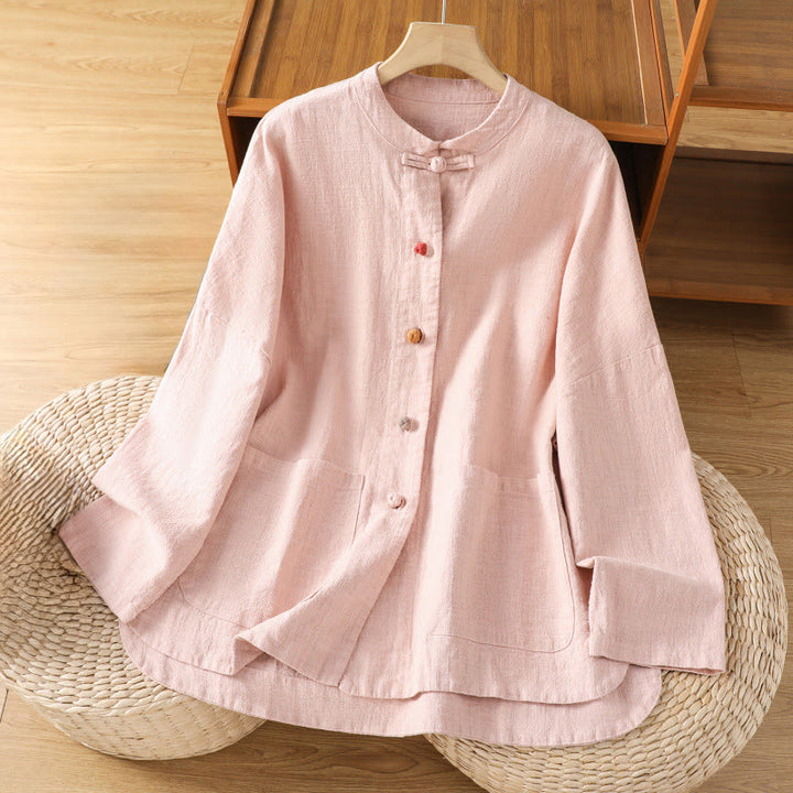 Buddha Stones Casual Frog-button Women's Long Sleeve Cotton Polyester Shirt With Pockets - Pink - US14，UK/AU18，EU46 (2XL) - image 8