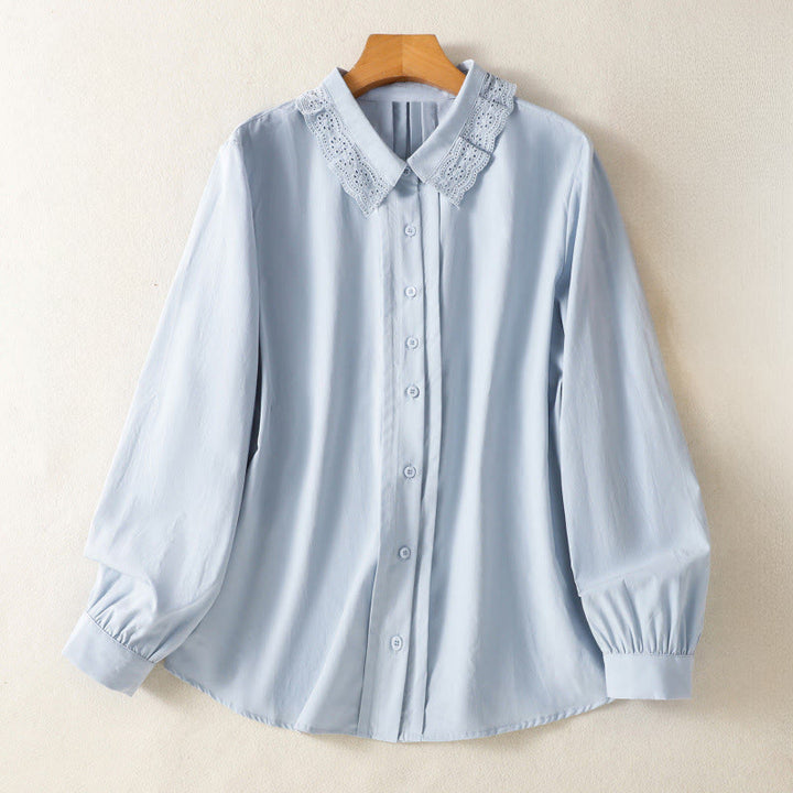 Buddha Stones Casual Women's Long Sleeve Lace Lapel Cotton Shirt - LightSkyBlue - US12，UK/AU16，EU44 (2XL) - image 0