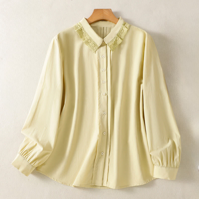 Buddha Stones Casual Women's Long Sleeve Lace Lapel Cotton Shirt - Khaki - US12，UK/AU16，EU44 (2XL) - image 9