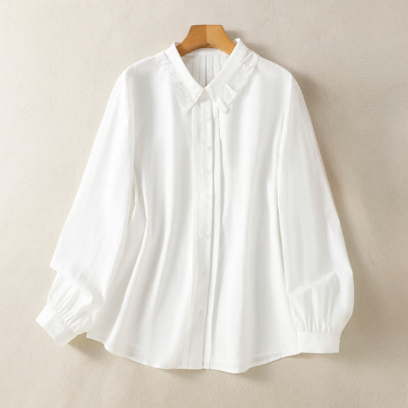Buddha Stones Casual Women's Long Sleeve Lace Lapel Cotton Shirt - White - US12，UK/AU16，EU44 (2XL) - image 19