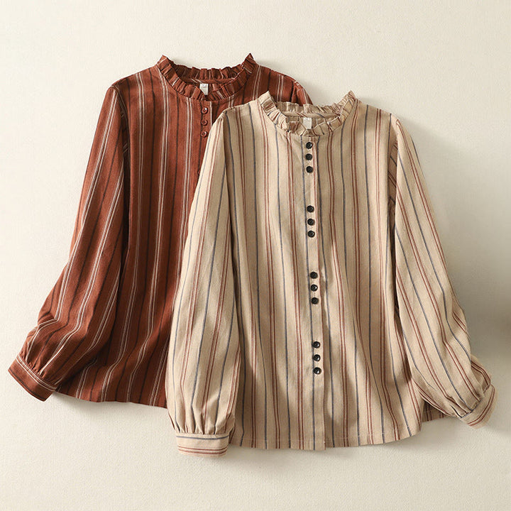 Buddha Stones Casual Retro Stripes Women's Long Sleeve Polyester Shirt - image 14