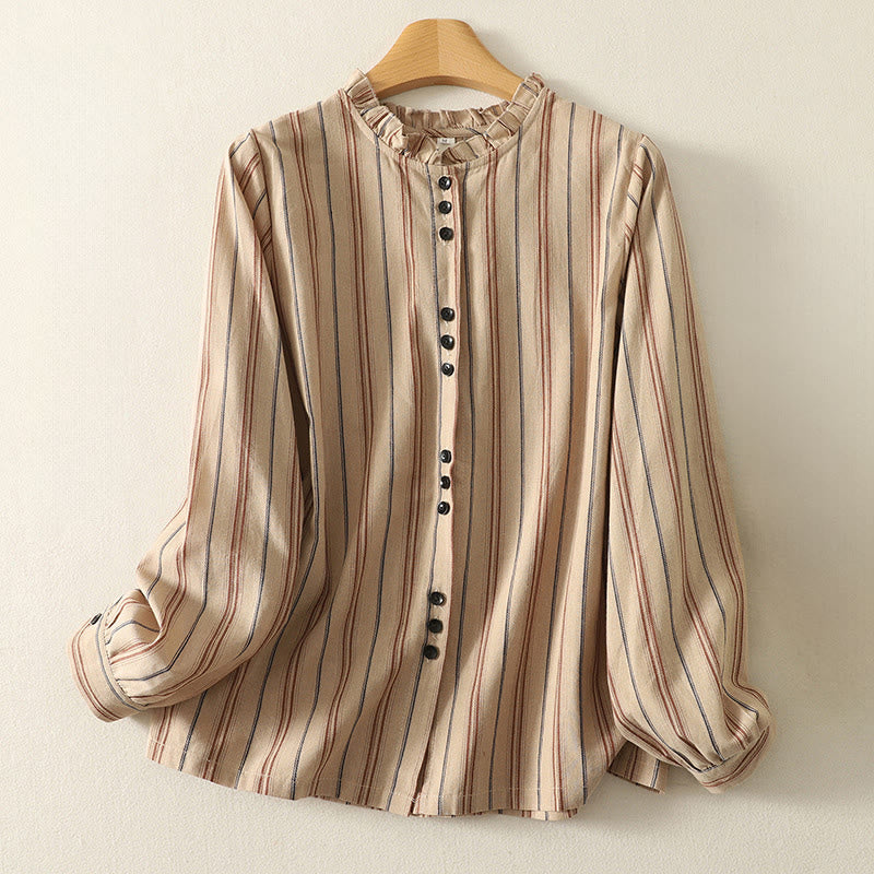 Buddha Stones Casual Retro Stripes Women's Long Sleeve Polyester Shirt - BurlyWood - US12，UK/AU16，EU44 (2XL) - image 5
