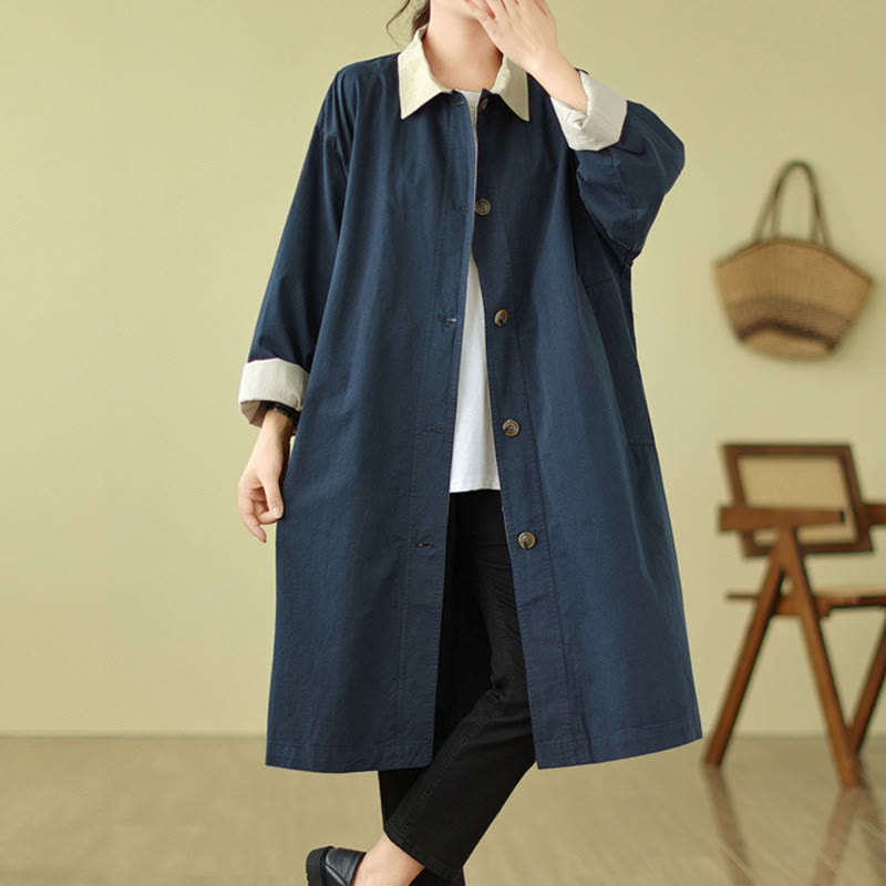 Buddha Stones Splicing Color Buttons Women's Cotton Coat With Pockets - image 9