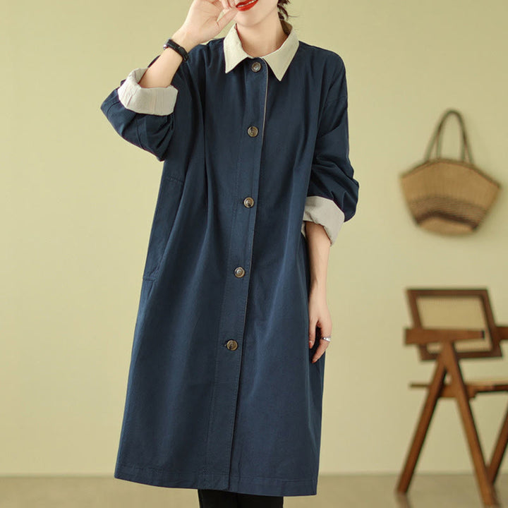 Buddha Stones Splicing Color Buttons Women's Cotton Coat With Pockets - image 8