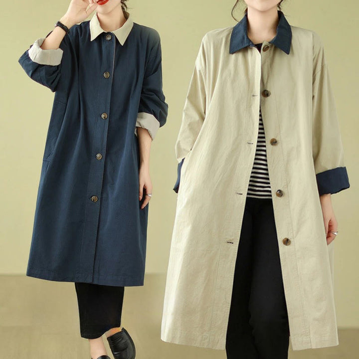 Buddha Stones Splicing Color Buttons Women's Cotton Coat With Pockets - image 10
