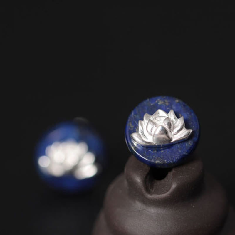 Buddha Stones Lazurite 925 Sterling Silver Lotus Pattern Enlightenment Earrings  - image 9