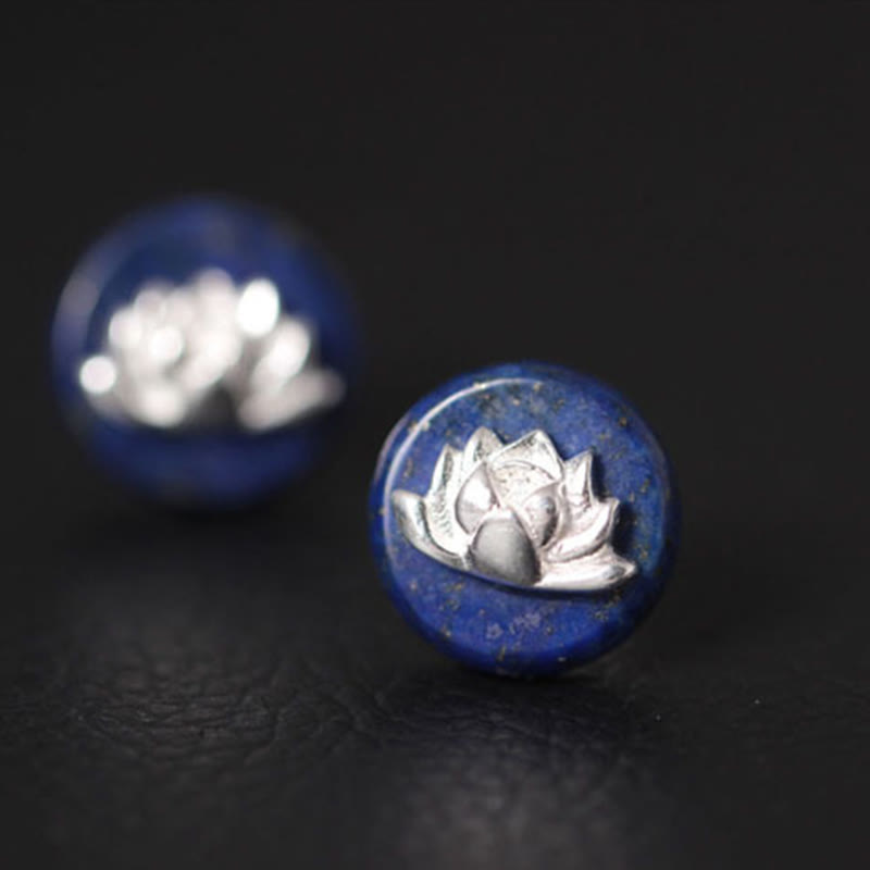 Buddha Stones Lazurite Lapis Lazuli 925 Sterling Silver Lotus Pattern Enlightenment Earrings - image 8