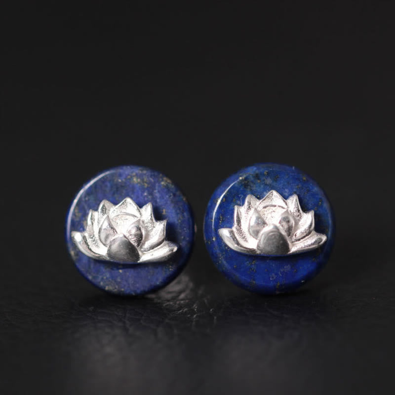 Buddha Stones Lazurite 925 Sterling Silver Lotus Pattern Enlightenment Earrings  - Lazurite Lotus(925 Sterling Silver Posts) - image 0