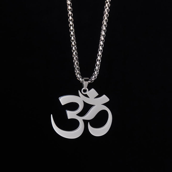 Buddha Stones Om Symbol Mantra Stainless Steel Focus Necklace Pendant - Silver - image 8