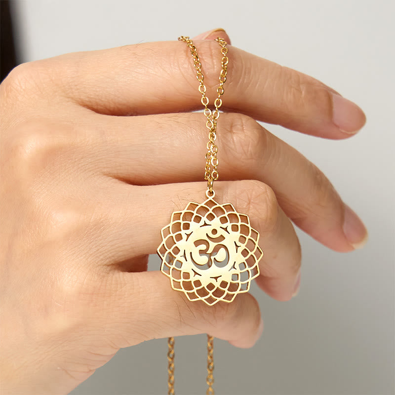 Buddha Stones Hollow Lotus Design Om Symbol Stainless Steel Connection Necklace Pendant - image 5