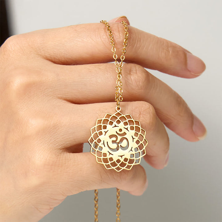 Buddha Stones Hollow Lotus Design Om Symbol Stainless Steel Connection Necklace Pendant - image 5