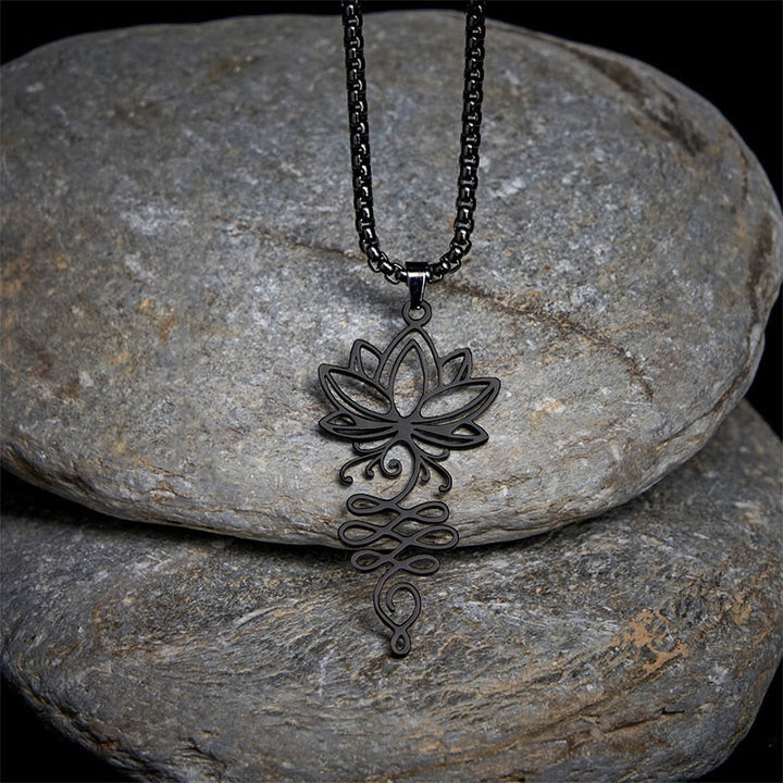 Buddha Stones Lotus Vines Design Chakra Symbol Stainless Steel Enlightenment Necklace Pendant - Black - image 9