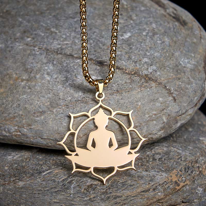 Buddha Stones Vintage Lotus Sitting Buddha Design Stainless Steel Enlightenment Necklace Pendant - Gold - image 0