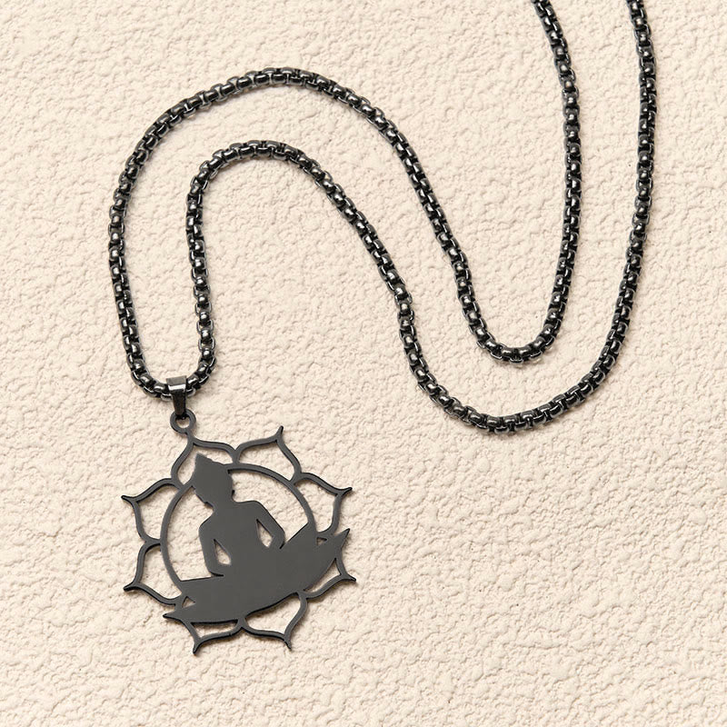 Buddha Stones Vintage Lotus Sitting Buddha Design Stainless Steel Enlightenment Necklace Pendant - image 16