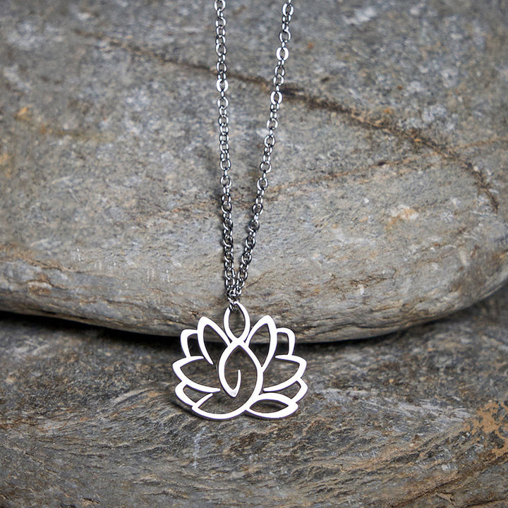 Buddha Stones Hollow Lotus Design Stainless Steel Enlightenment Necklace Pendant - image 1