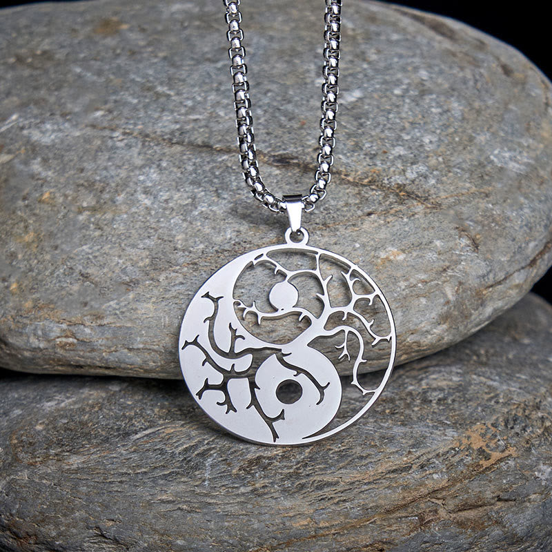 Buddha Stones Branches Hollow Yin Yang Design Stainless Steel Balance Necklace Pendant - image 8