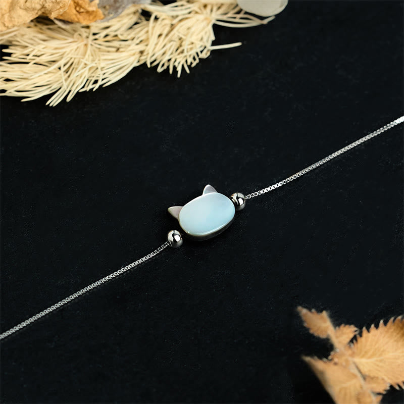 Buddha Stones 925 Sterling Silver Tridacna Stone Cat Head Blessing Chain Bracelet - image 1