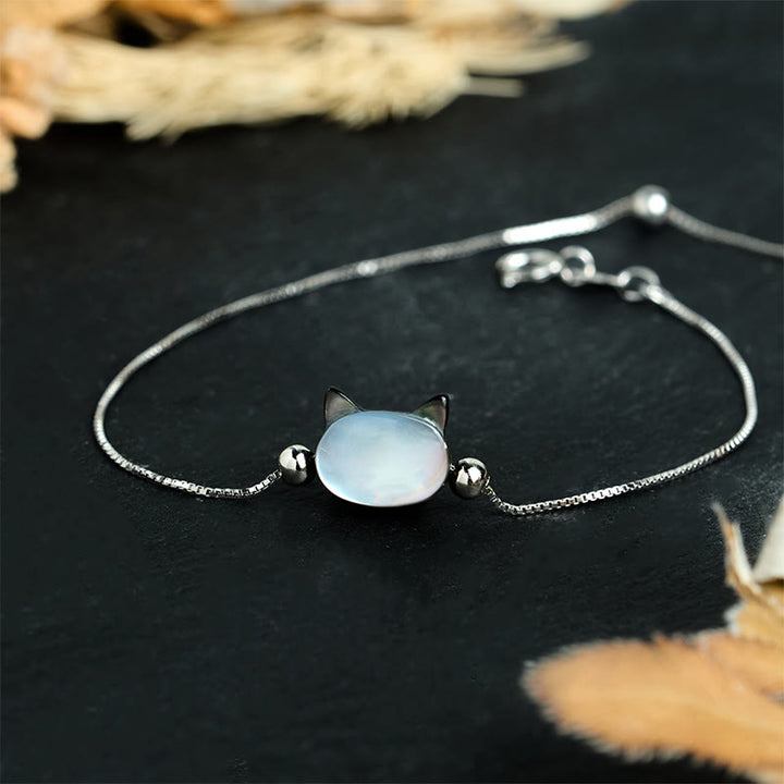 Buddha Stones 925 Sterling Silver Tridacna Stone Cat Head Blessing Chain Bracelet - Black Tridacna Stone - 17-22cm - image 0