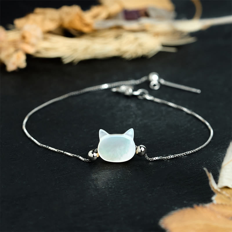 Buddha Stones 925 Sterling Silver Tridacna Stone Cat Head Blessing Chain Bracelet - White Tridacna Stone - 17-22cm - image 8