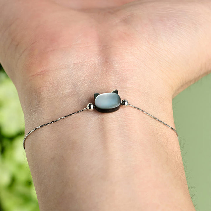 Buddha Stones 925 Sterling Silver Tridacna Stone Cat Head Blessing Chain Bracelet - image 4