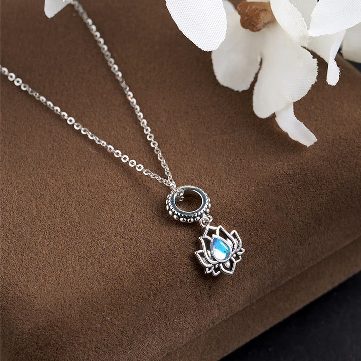 Buddha Stones 925 Sterling Silver Lotus Design Moonstone Healing Necklace Pendant - image 1