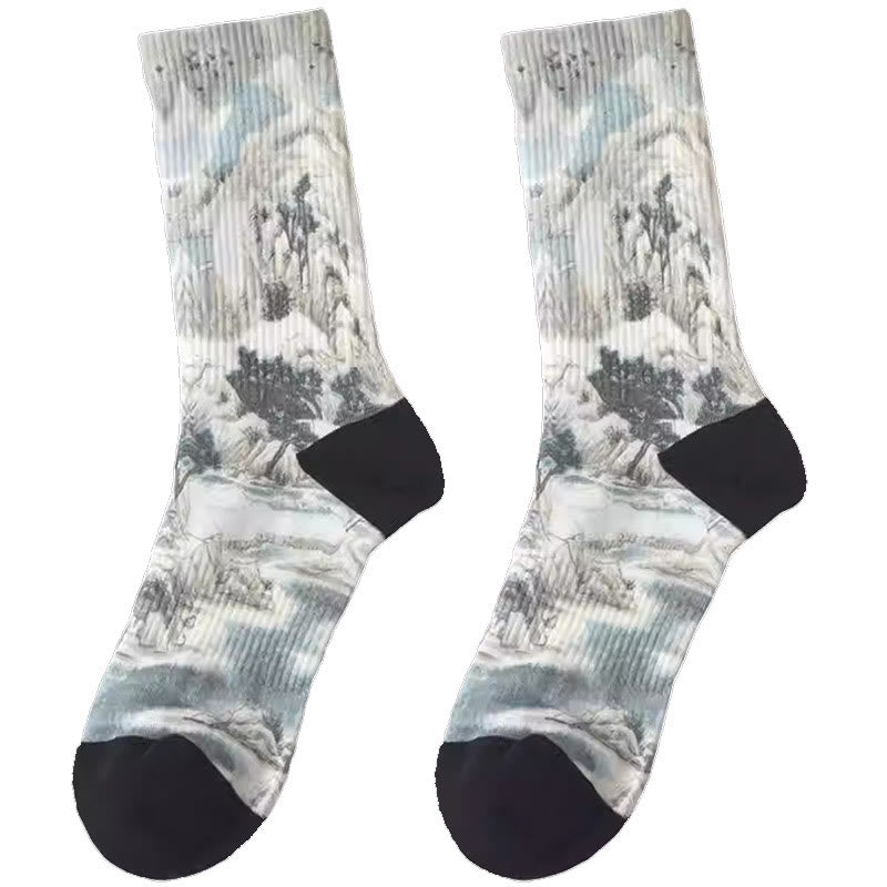 Buddha Stones Chinese Ink Painting Landscape Pattern Micro Crew Three Pairs Men Women Unisex Socks - image 5