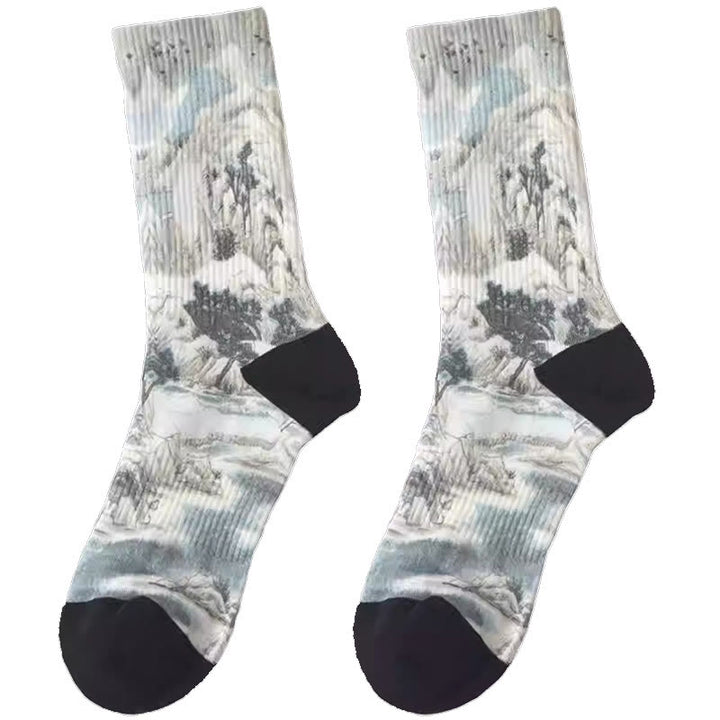 Buddha Stones Chinese Ink Painting Landscape Pattern Micro Crew Three Pairs Men Women Unisex Socks - image 5