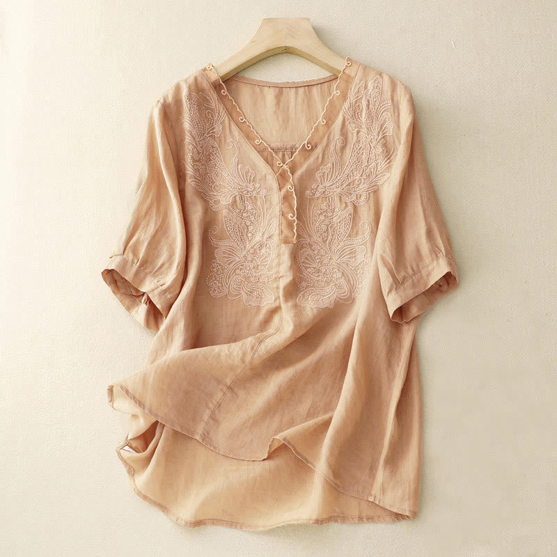 Buddha Stones V-Neck Butterfly Women's Half Sleeve Shirt - BurlyWood - US14，UK/AU18，EU46 (2XL) - image 3