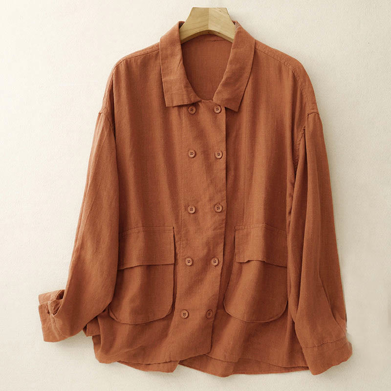 Buddha Stones Double‑Breasted Design Long Sleeve Women's Cotton Jacket With Pockets - image 7
