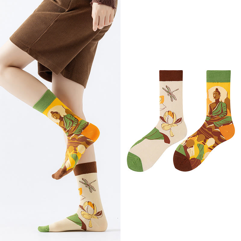 Buddha Stones Casual Meditative Buddha Lotus Dragonfly Micro Crew Women's Socks - image 4