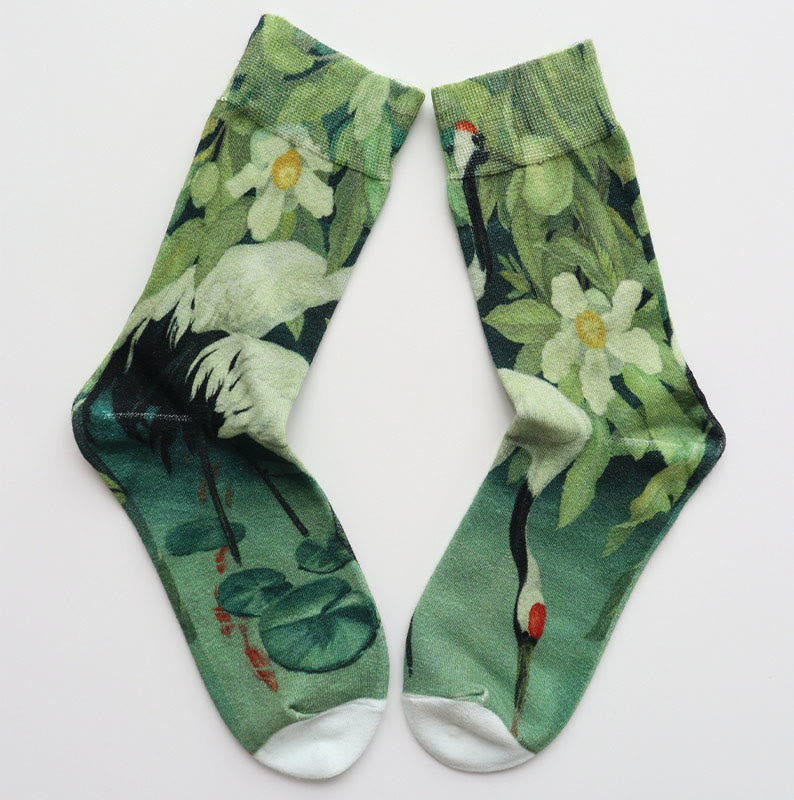 Buddha Stones Casual White Crane Floral Lotus Leaf Koi Fish Cotton Micro Crew Women's Socks - MediumAquamarine - S (US 4.5-7，EU 35-38，UK/AU 2.5-4.5，AISA 22.5-24.5cm) - image 0