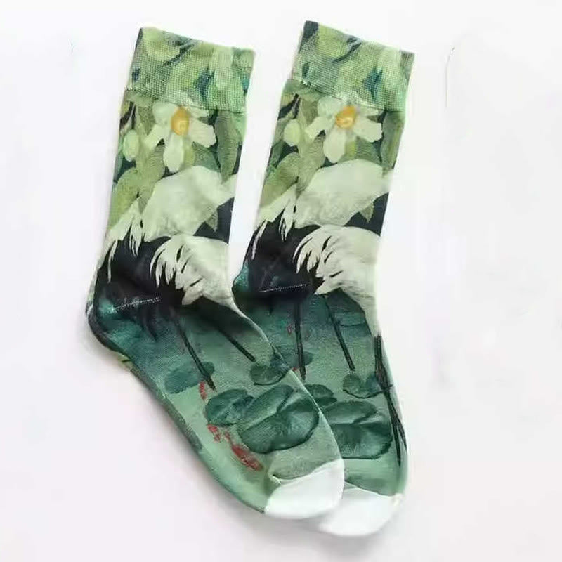 Buddha Stones Casual White Crane Floral Lotus Leaf Koi Fish Cotton Micro Crew Women's Socks - image 1