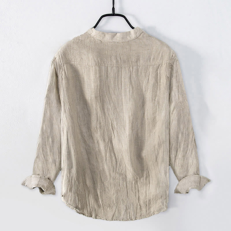 Buddha Stones Solid Color Short Sleeve Half Button Shirt Cotton Linen Men Clothing - image 30