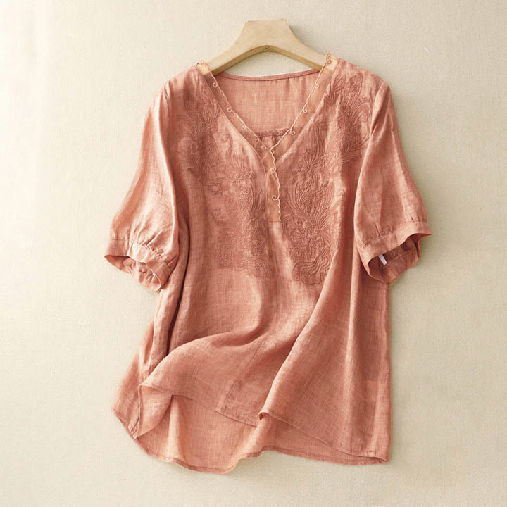 Buddha Stones V-Neck Butterfly Women's Half Sleeve Shirt - SandyBrown - US14，UK/AU18，EU46 (2XL) - image 0