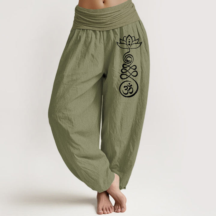 Buddha Stones Plain Lotus Om Pattern Women's Elastic Waist Harem Cotton Pants - OliveDrab - US22，UK/AU26，EU54 (6XL) - image 0