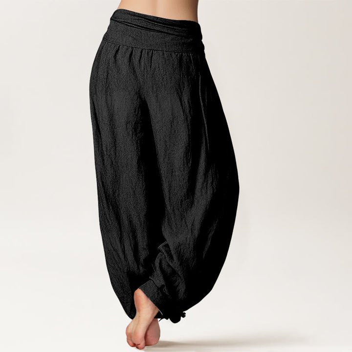 Buddha Stones Plain Lotus Om Pattern Women's Elastic Waist Harem Cotton Pants - image 6