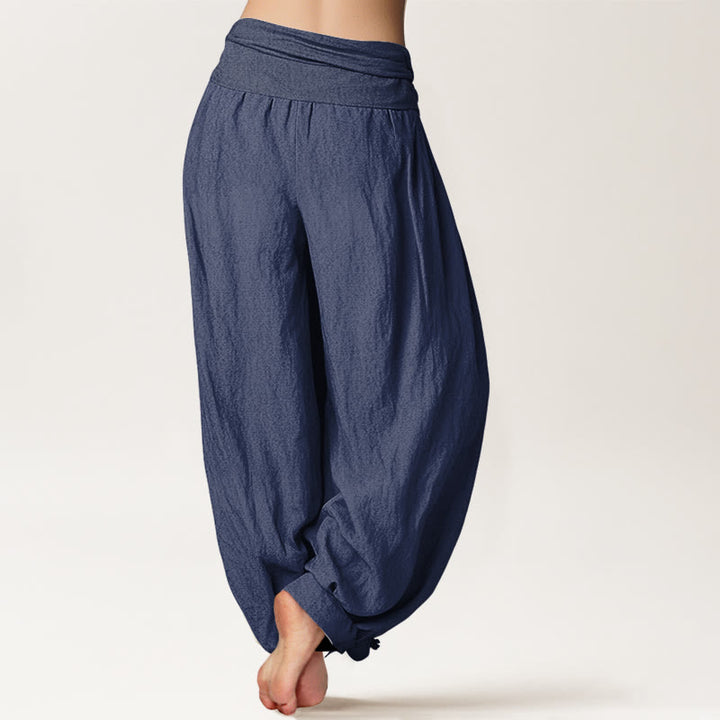 Buddha Stones Plain Lotus Om Pattern Women's Elastic Waist Harem Cotton Pants - image 9