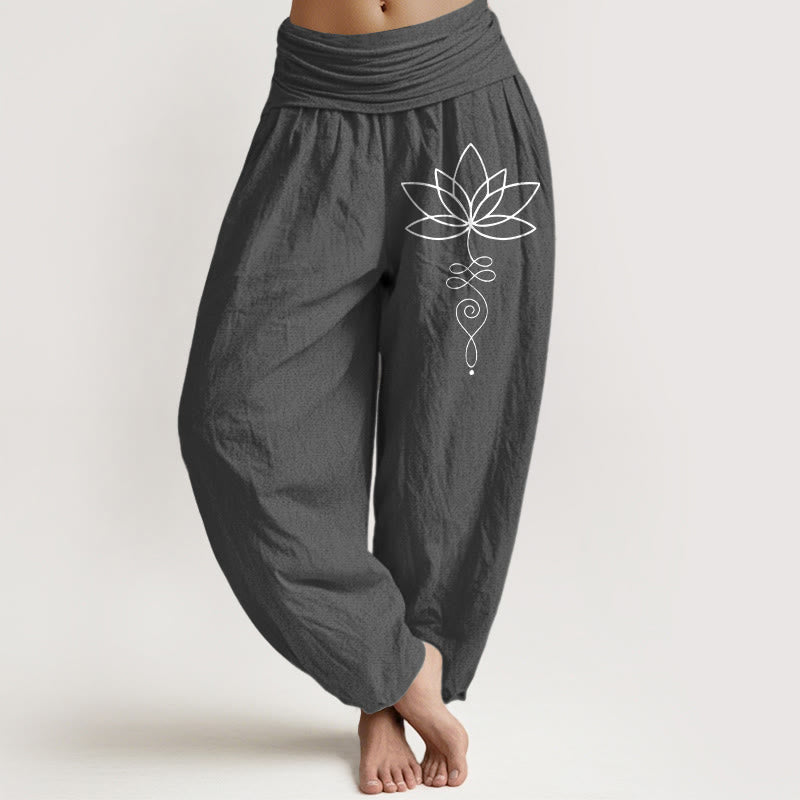 Buddha Stones Lotus Unalome Symbol Pattern Women's Elastic Waist Harem Pure Cotton Pants - DimGray - US22，UK/AU26，EU54 (6XL) - image 11