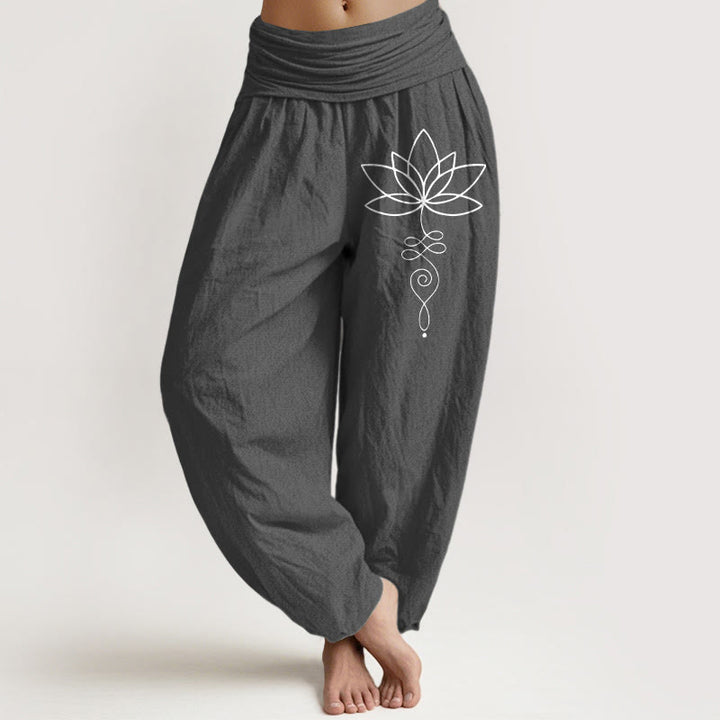 Buddha Stones Lotus Unalome Symbol Pattern Women's Elastic Waist Harem Pure Cotton Pants - DimGray - US22，UK/AU26，EU54 (6XL) - image 11
