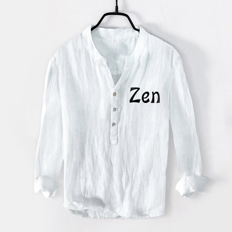 Buddha Stones Zen Character Half Buttons Design Long Sleeve Men's Cotton Linen Shirt - image 7