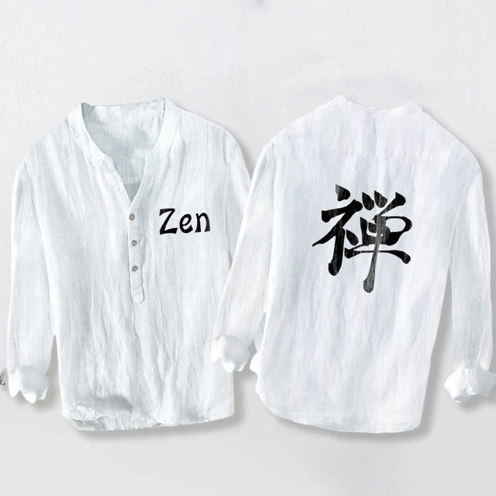 Buddha Stones Zen Character Half Buttons Design Long Sleeve Men's Cotton Linen Shirt - White - US/UK/AU50，EU60 (5XL) - image 6