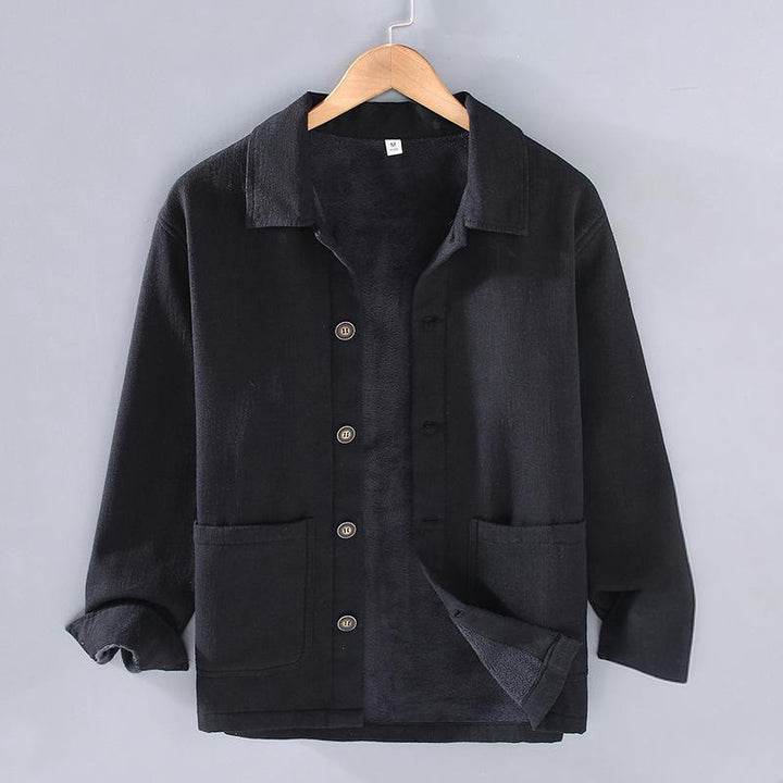 Buddha Stones Men's Plain Long Sleeve Thermal Fleece-Lined Ramie Linen Cotton Jacket With Pockets - Black - US/UK/AU42，EU52 (3XL) - image 11