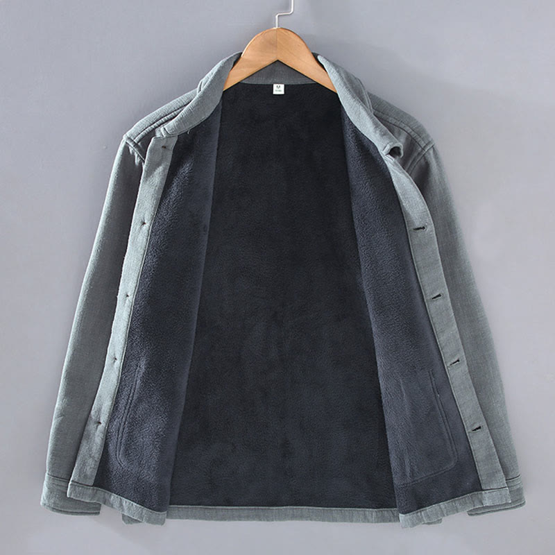 Buddha Stones Men's Plain Long Sleeve Thermal Fleece-Lined Ramie Linen Cotton Jacket With Pockets - image 2